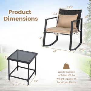 3-Piece Outdoor Rocking Bistro Set with Soft Cushions and Tempered Glass Table-Brown
