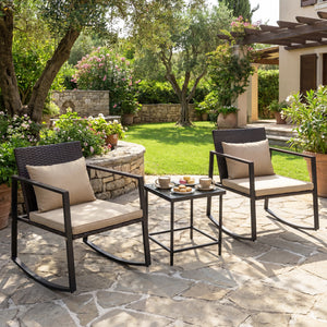 3-Piece Outdoor Rocking Bistro Set with Soft Cushions and Tempered Glass Table-Brown