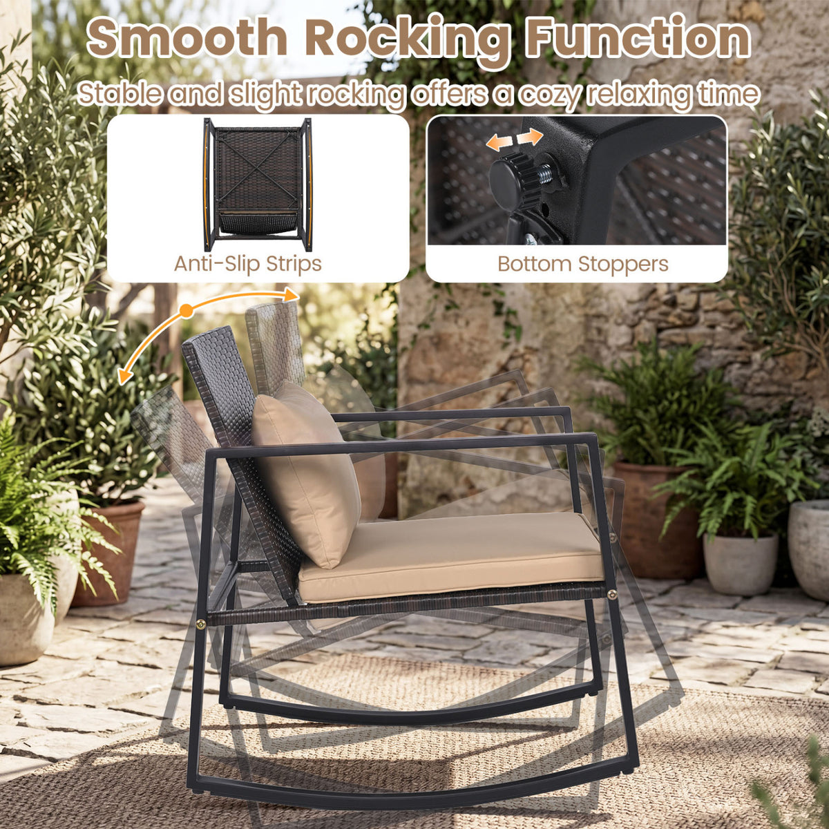 3-Piece Outdoor Rocking Bistro Set with Soft Cushions and Tempered Glass Table-Brown