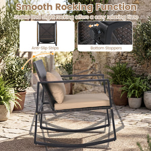 3-Piece Outdoor Rocking Bistro Set with Soft Cushions and Tempered Glass Table-Brown
