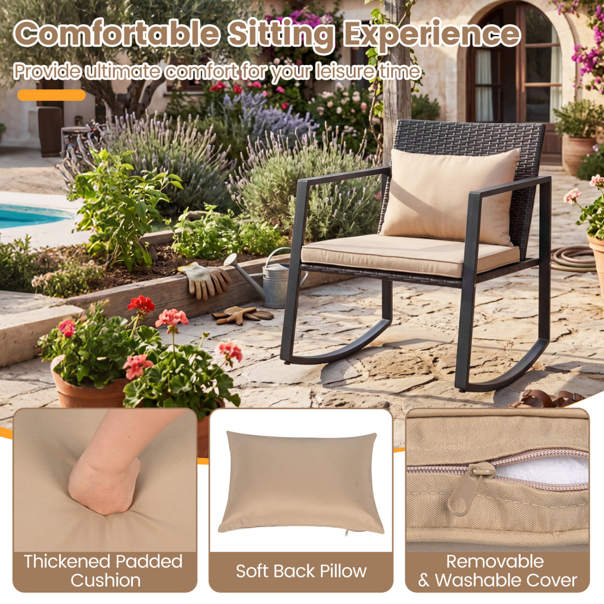 3-Piece Outdoor Rocking Bistro Set with Soft Cushions and Tempered Glass Table-Brown