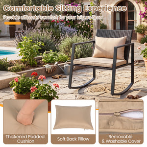 3-Piece Outdoor Rocking Bistro Set with Soft Cushions and Tempered Glass Table-Brown