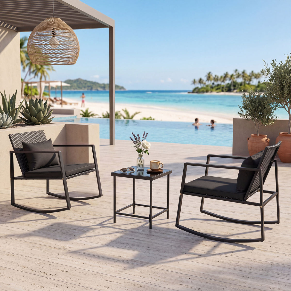 3-Piece Outdoor Rocking Bistro Set with Soft Cushions and Tempered Glass Table-Dark