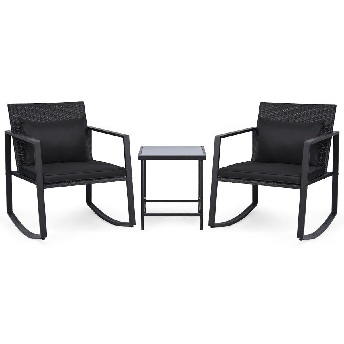 3-Piece Outdoor Rocking Bistro Set with Soft Cushions and Tempered Glass Table-Dark