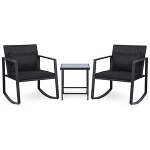 3-Piece Outdoor Rocking Bistro Set with Soft Cushions and Tempered Glass Table-Dark