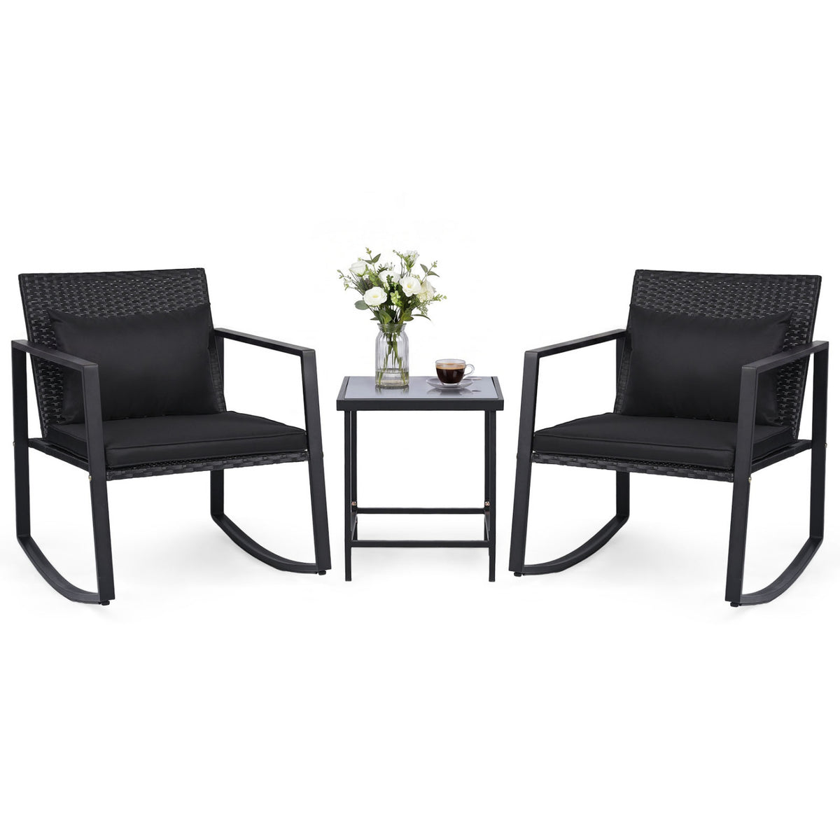 3-Piece Outdoor Rocking Bistro Set with Soft Cushions and Tempered Glass Table-Dark