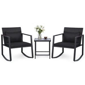 3-Piece Outdoor Rocking Bistro Set with Soft Cushions and Tempered Glass Table-Dark