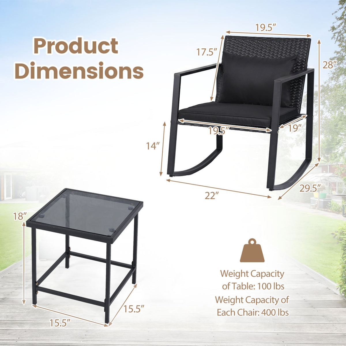 3-Piece Outdoor Rocking Bistro Set with Soft Cushions and Tempered Glass Table-Dark