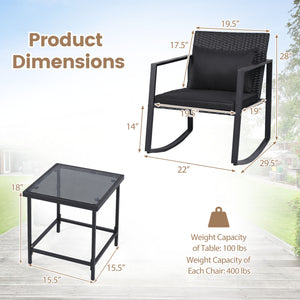 3-Piece Outdoor Rocking Bistro Set with Soft Cushions and Tempered Glass Table-Dark