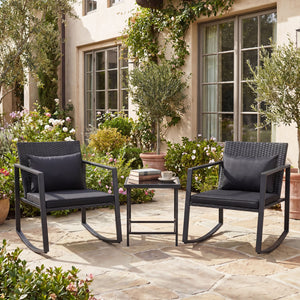 3-Piece Outdoor Rocking Bistro Set with Soft Cushions and Tempered Glass Table-Dark