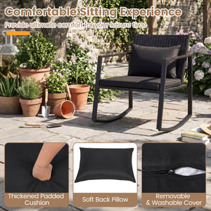 3-Piece Outdoor Rocking Bistro Set with Soft Cushions and Tempered Glass Table-Dark