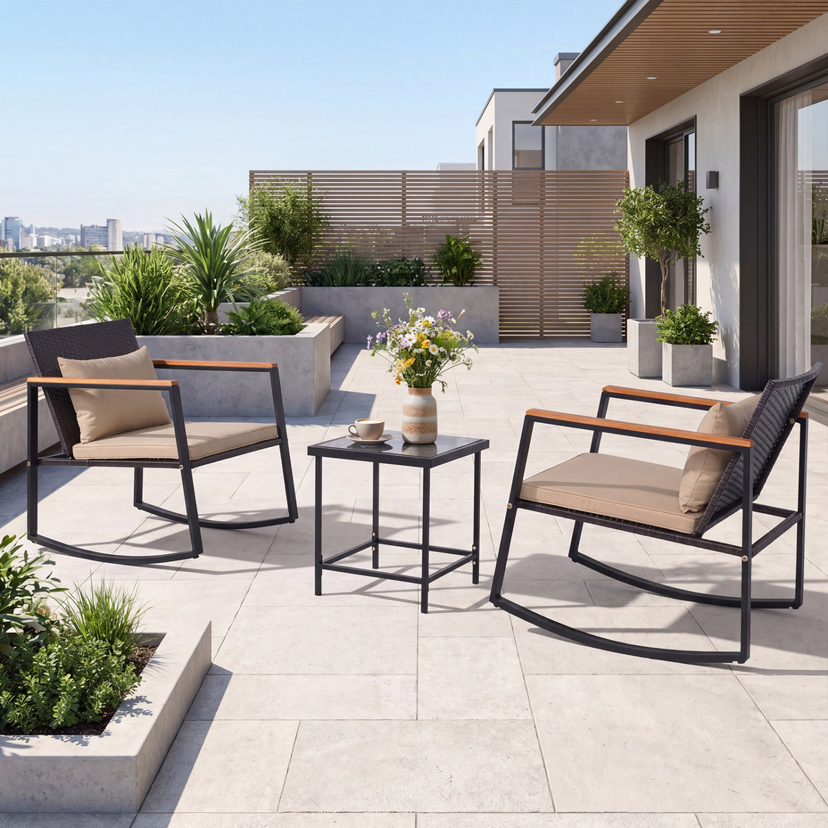 3-Piece Outdoor Rocking Bistro Set with Soft Cushions & Tempered Glass Table-Brown & Black