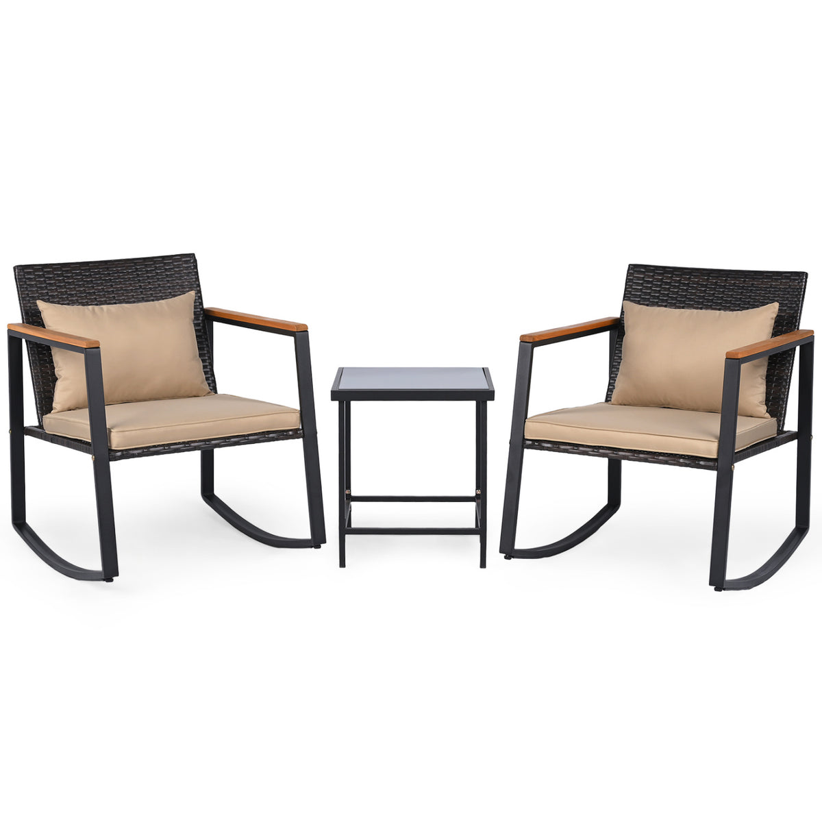 3-Piece Outdoor Rocking Bistro Set with Soft Cushions & Tempered Glass Table-Brown & Black