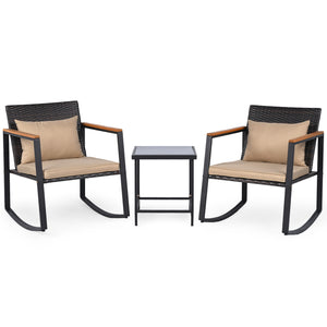 3-Piece Outdoor Rocking Bistro Set with Soft Cushions & Tempered Glass Table-Brown & Black