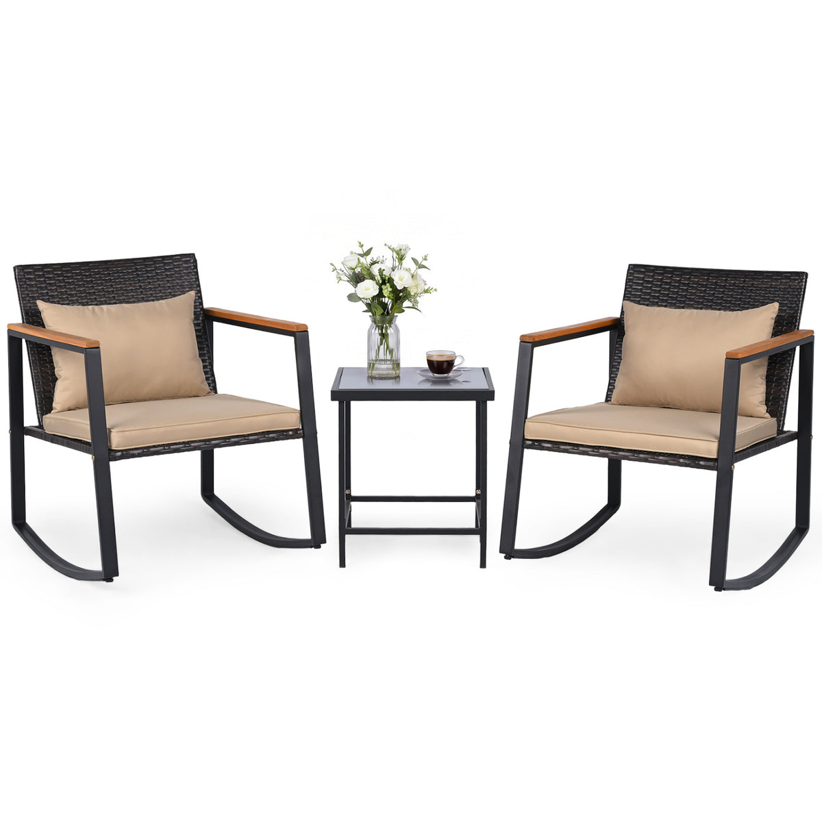 3-Piece Outdoor Rocking Bistro Set with Soft Cushions & Tempered Glass Table-Brown & Black