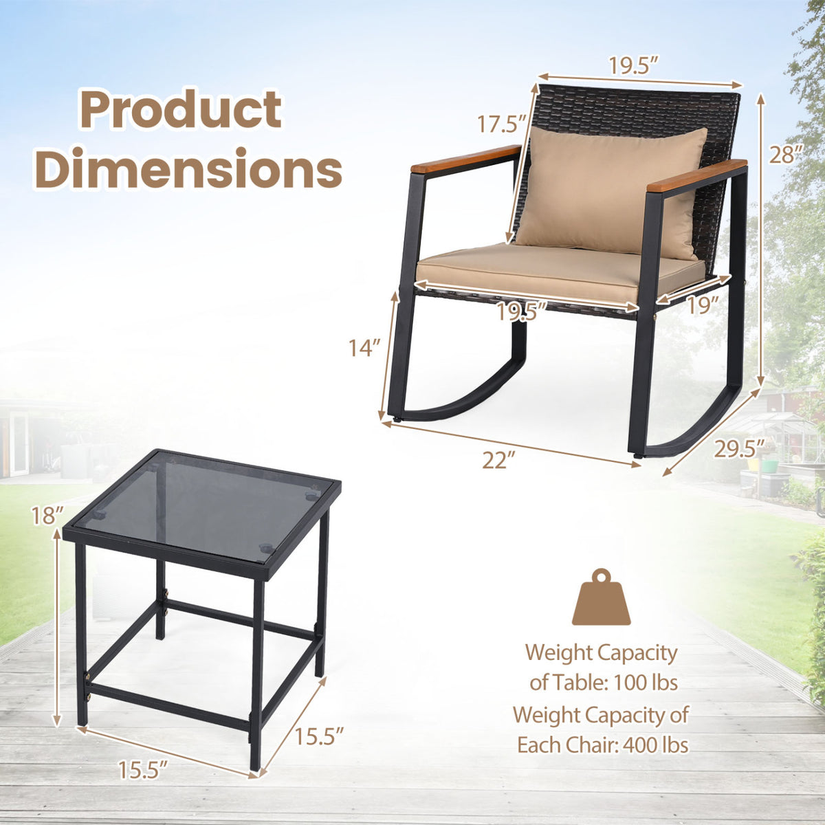 3-Piece Outdoor Rocking Bistro Set with Soft Cushions & Tempered Glass Table-Brown & Black