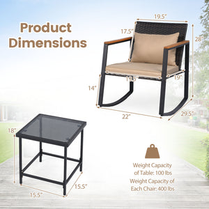3-Piece Outdoor Rocking Bistro Set with Soft Cushions & Tempered Glass Table-Brown & Black