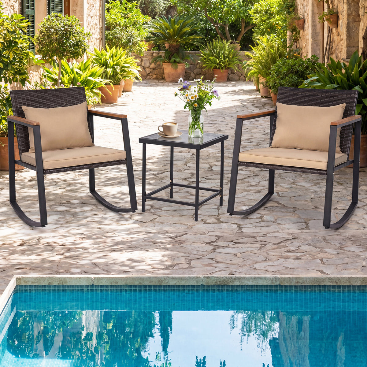 3-Piece Outdoor Rocking Bistro Set with Soft Cushions & Tempered Glass Table-Brown & Black
