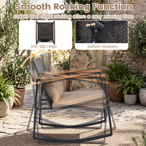3-Piece Outdoor Rocking Bistro Set with Soft Cushions & Tempered Glass Table-Brown & Black