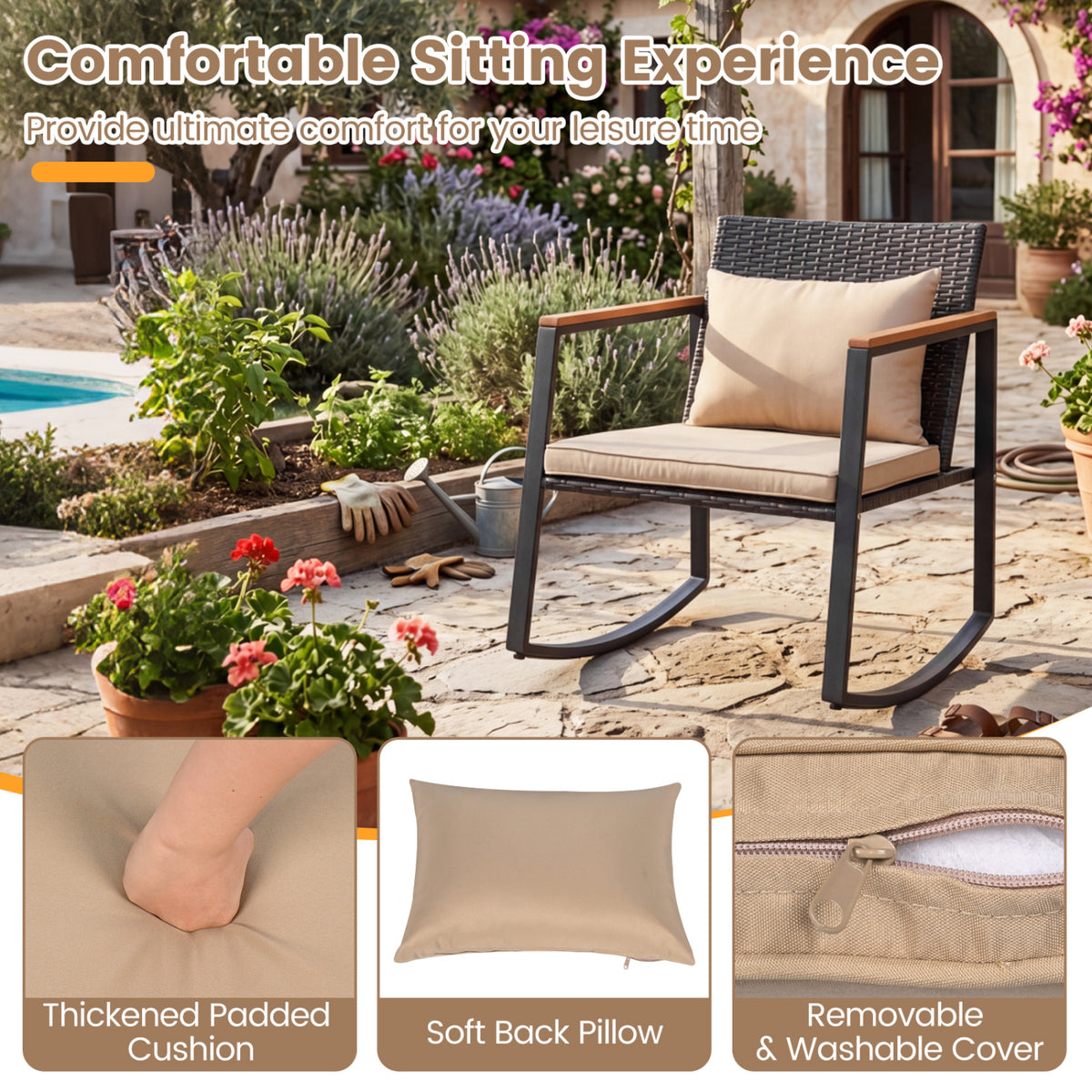 3-Piece Outdoor Rocking Bistro Set with Soft Cushions & Tempered Glass Table-Brown & Black