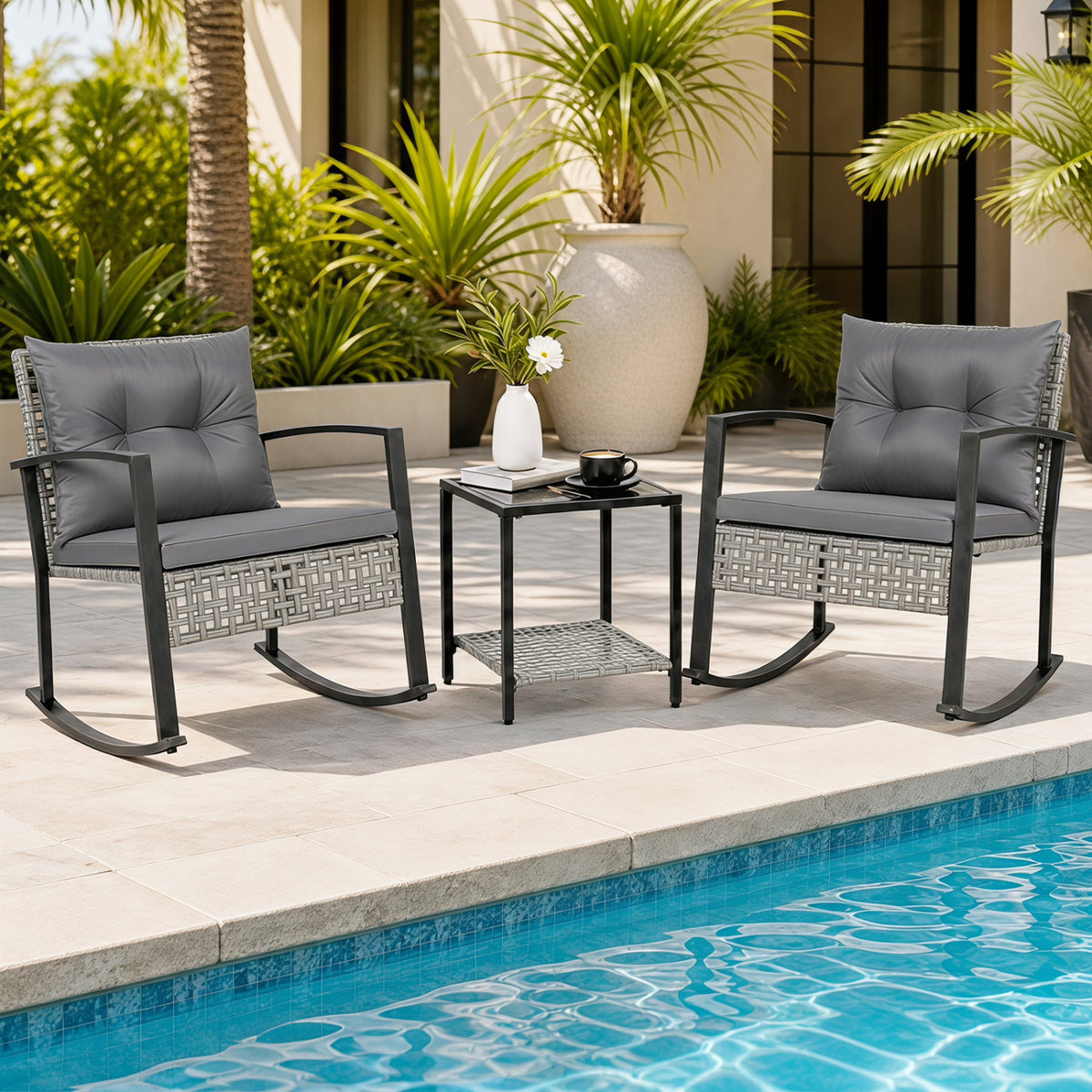 3-Piece Outdoor Rocking Chair Set for Garden-Gray