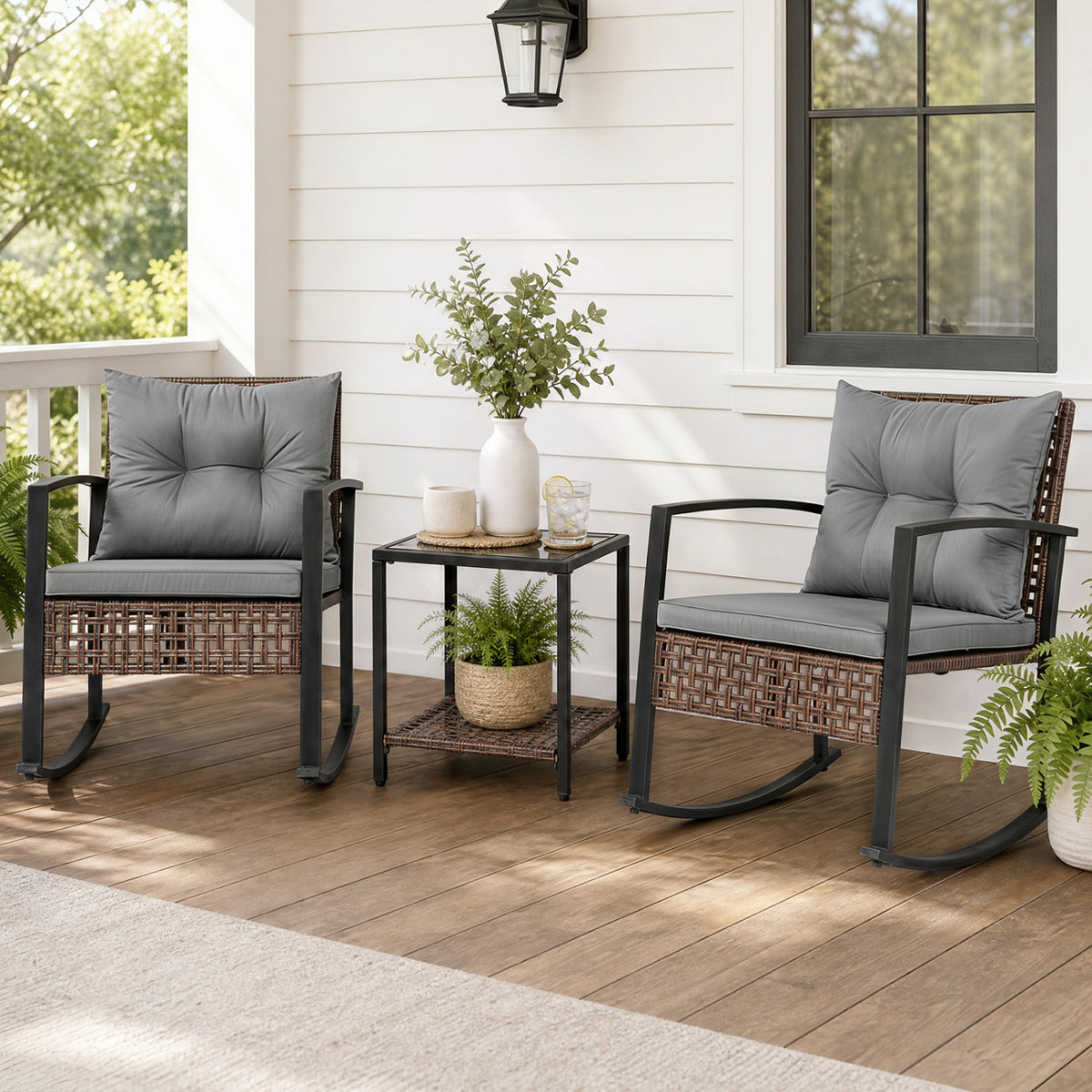 3-Piece Outdoor Rocking Chair Set-Gray