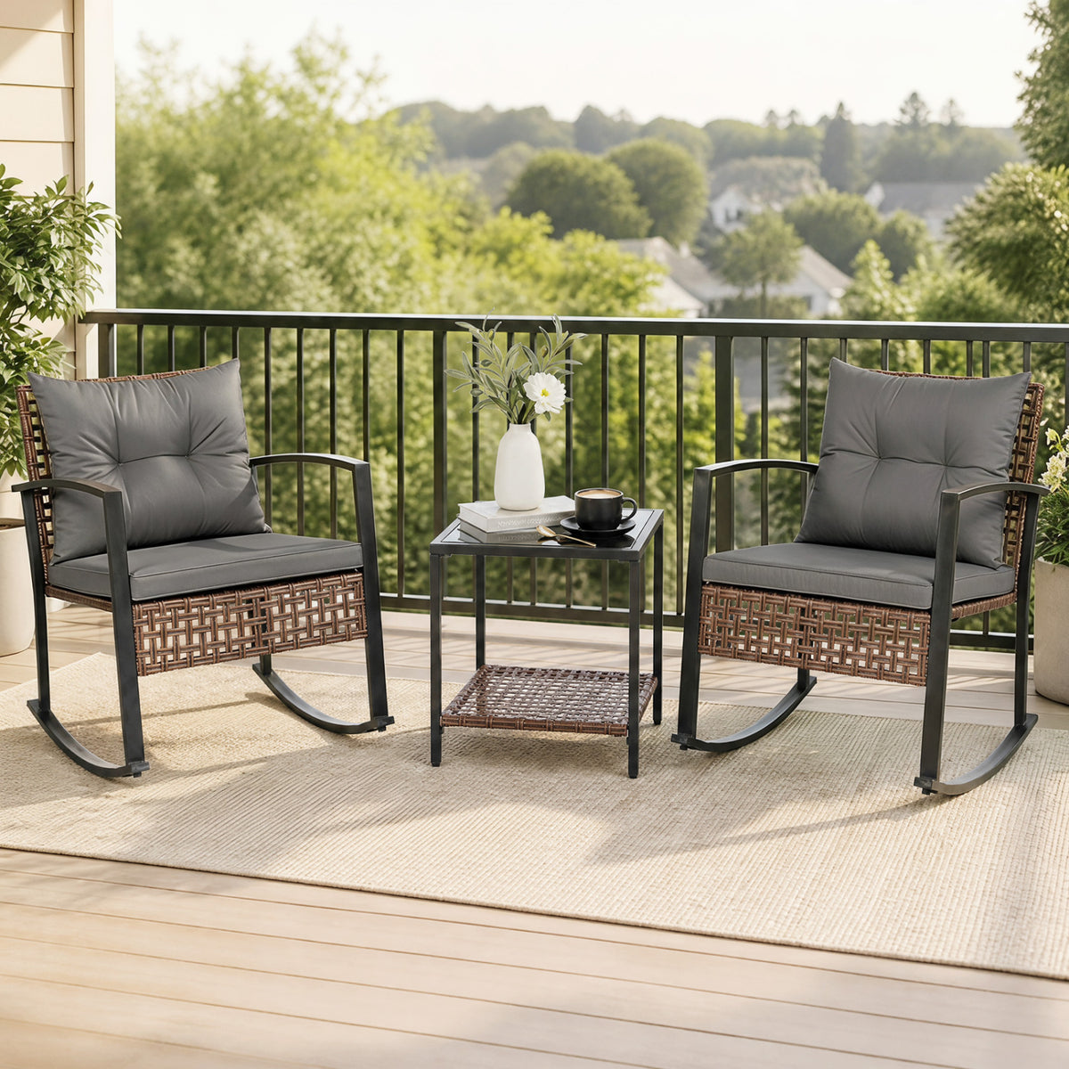 3-Piece Outdoor Rocking Chair Set-Gray