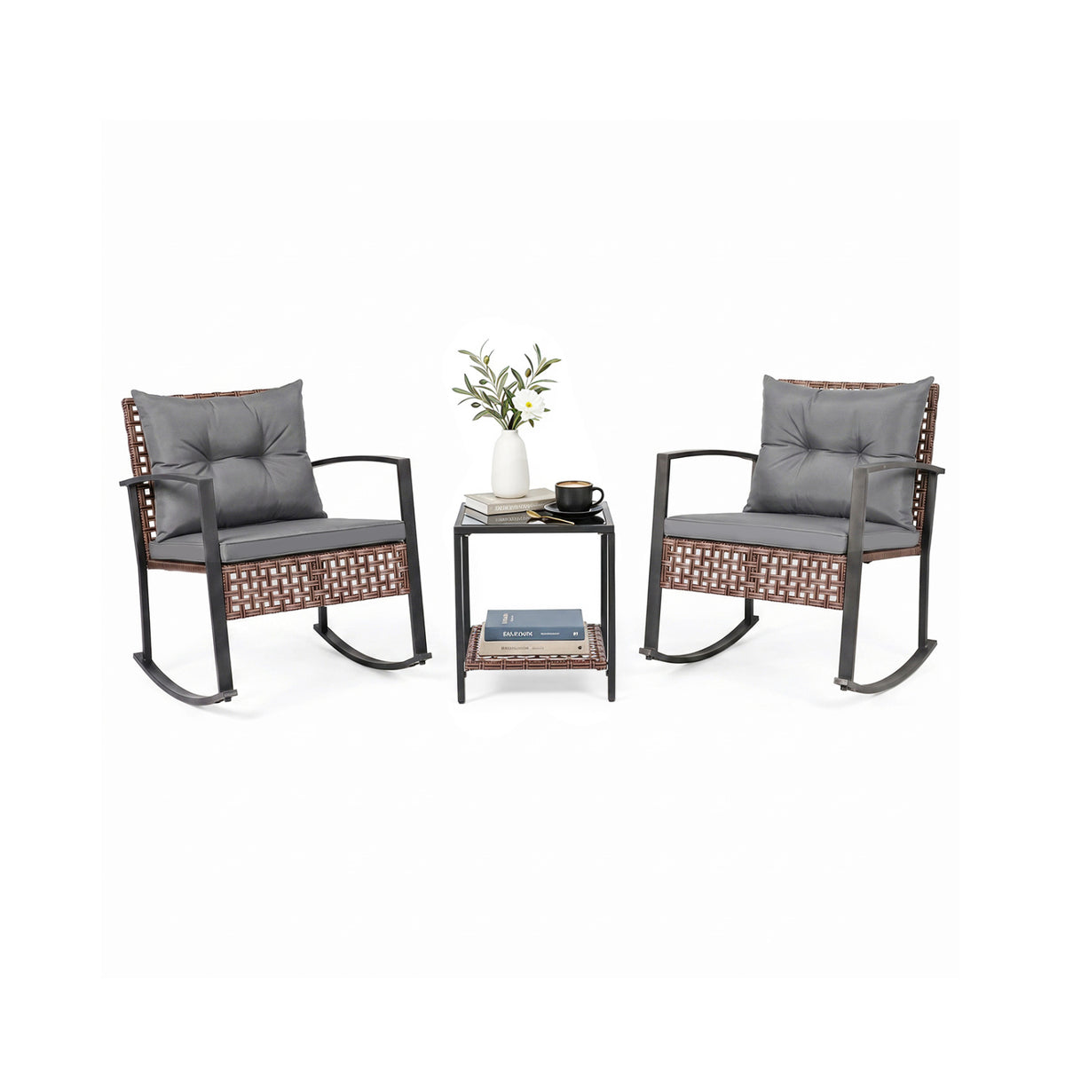 3-Piece Outdoor Rocking Chair Set-Gray