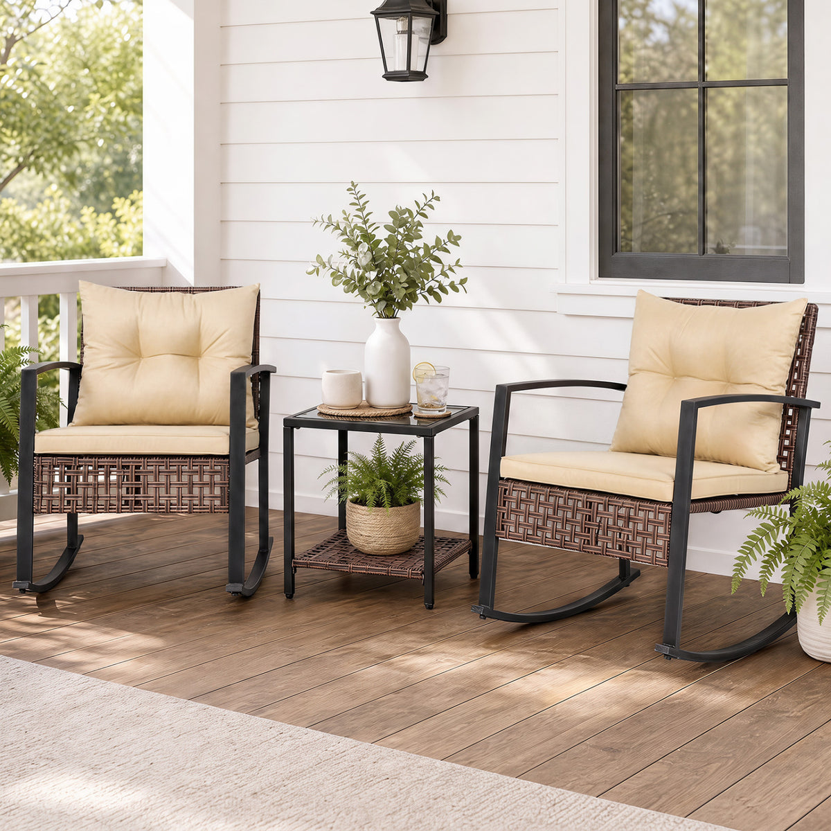 3-Piece Outdoor Rocking Chair Set-Brown