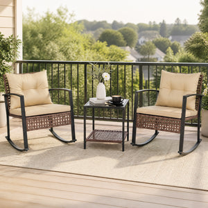 3-Piece Outdoor Rocking Chair Set-Brown