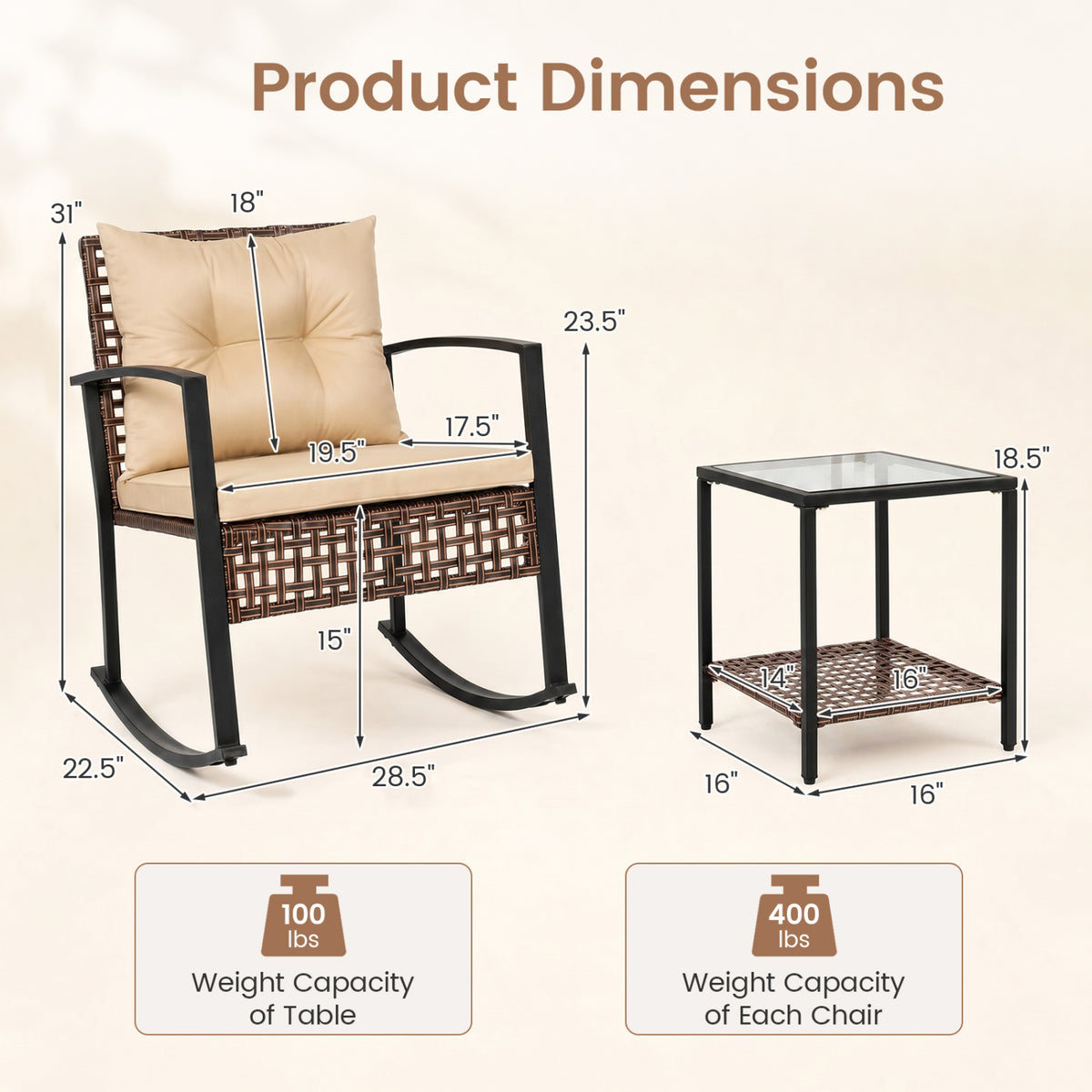 3-Piece Outdoor Rocking Chair Set-Brown