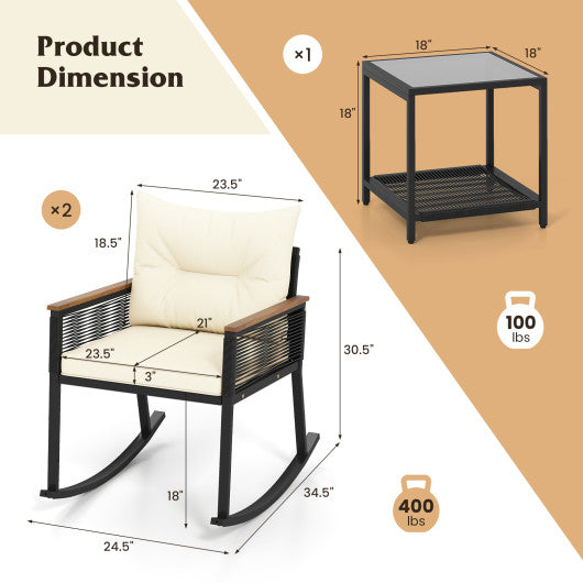 3 Piece Outdoor PE Rattan Rocking Bistro Set with 2-Tier Coffee Table-Black