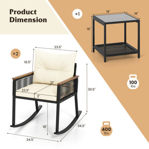3 Piece Outdoor PE Rattan Rocking Bistro Set with 2-Tier Coffee Table-Black