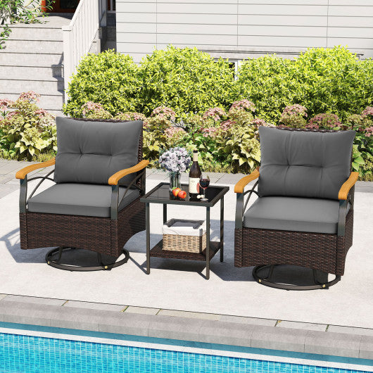 3 Piece Outdoor Swivel Chair Set with Tempered Glass Side Table-Gray