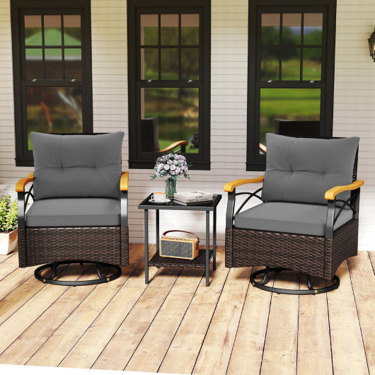 3 Piece Outdoor Swivel Chair Set with Tempered Glass Side Table-Gray