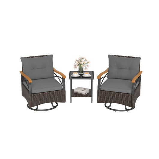 3 Piece Outdoor Swivel Chair Set with Tempered Glass Side Table-Gray