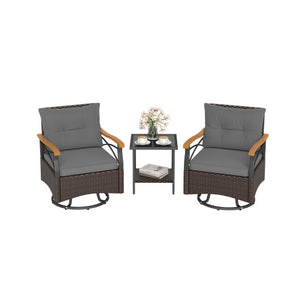 3 Piece Outdoor Swivel Chair Set with Tempered Glass Side Table-Gray