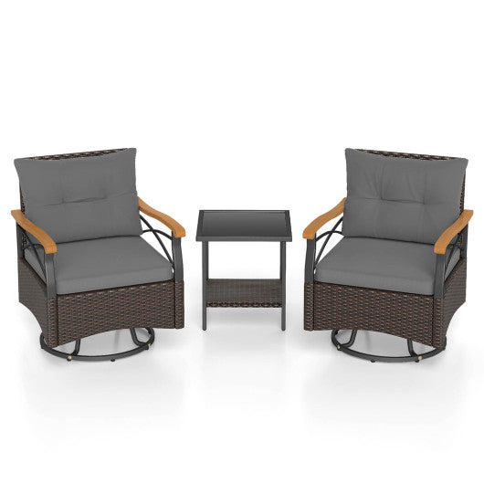 3 Piece Outdoor Swivel Chair Set with Tempered Glass Side Table-Gray