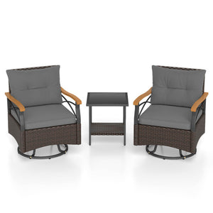 3 Piece Outdoor Swivel Chair Set with Tempered Glass Side Table-Gray