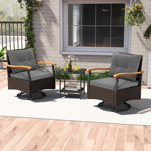 3 Piece Outdoor Swivel Chair Set with Tempered Glass Side Table-Gray