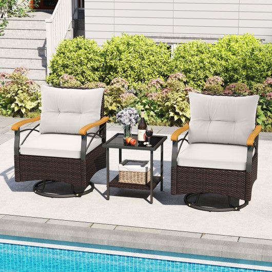 3 Piece Outdoor Swivel Chair Set with Tempered Glass Side Table-White
