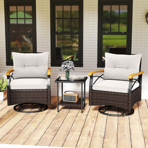 3 Piece Outdoor Swivel Chair Set with Tempered Glass Side Table-White