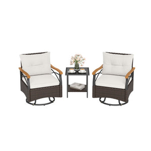 3 Piece Outdoor Swivel Chair Set with Tempered Glass Side Table-White