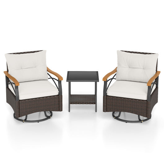 3 Piece Outdoor Swivel Chair Set with Tempered Glass Side Table-White