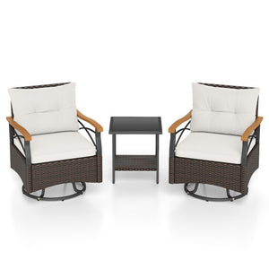 3 Piece Outdoor Swivel Chair Set with Tempered Glass Side Table-White