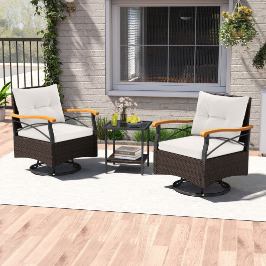 3 Piece Outdoor Swivel Chair Set with Tempered Glass Side Table-White