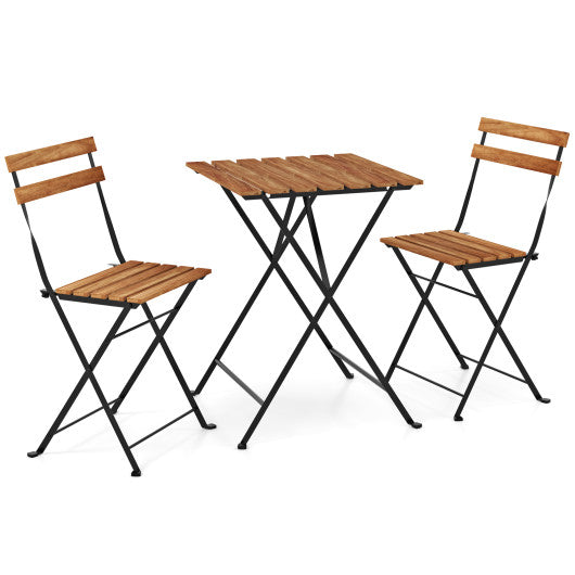 3 Piece Patio Acacia Wood Bistro Set with Slatted Seat and Tabletop-Brown