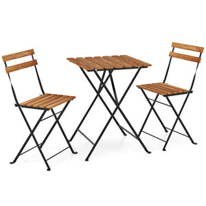 3 Piece Patio Acacia Wood Bistro Set with Slatted Seat and Tabletop-Brown