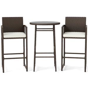 3 Piece Patio Bar Set Outdoor Wicker Bar Height Table and Armchairs-White