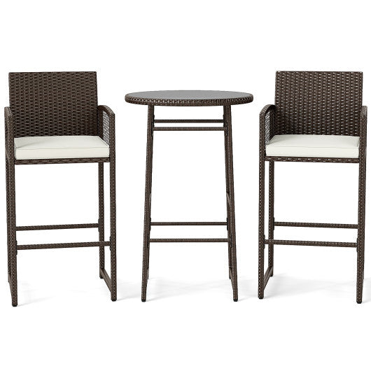 3 Piece Patio Bar Set Outdoor Wicker Bar Height Table and Armchairs-White